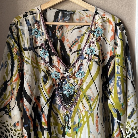 CHELSEA & THEODORE Animal Print V Neck Beaded Tunic - Picture 2 of 9